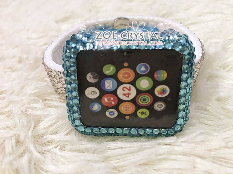 Bling Apple Watch Lake Blue Crystal Case / Protector / Cover with a Silver Swarovski Rhinestone Watch Band / Strap