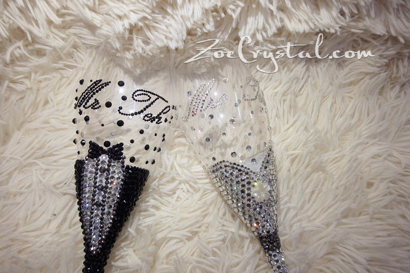 Mr and Mrs Champagne Flutes-Crystals Bling Champagne Toasting Flutes - Wedding Toasting Glasses - Bride and Groom Toast - Set of 2