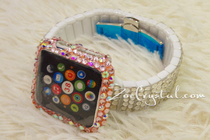 Bling Apple Watch Pink Mixed Ab Crystal Case/Protector/Cover with a Silver White Swarovski iWatch Band / Strap