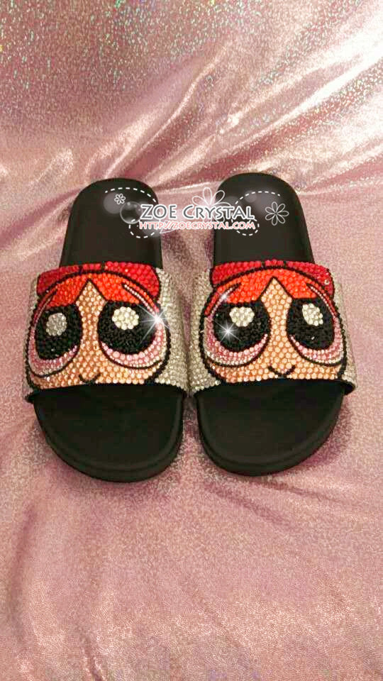 Customize Your SANDALS SLIDES Slippers in Summer Beach, Wedding, Fashion - Example of Bling Powerpuff Girls - Bedazzled Swarovski Rhinestone