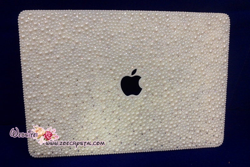 MACBOOK Air Pro Case Cover Bedazzled Bling Creamy White Pearls Swarovski Rhinestone Sparkly Shinny Bejeweled