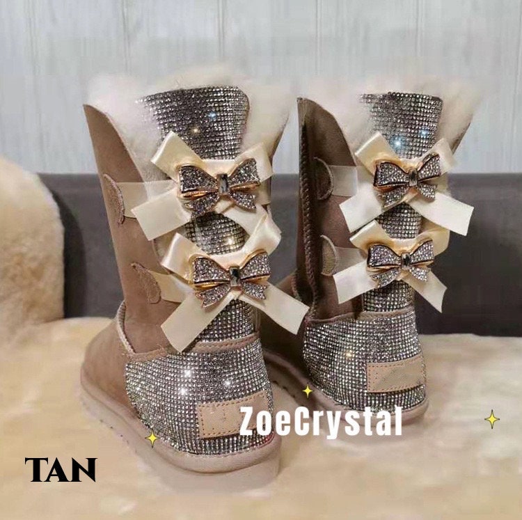 New**Super Bling and Sparkly middle high SheepSkin Wool BOOTS w shinning Czech crystals Bailey bow boots