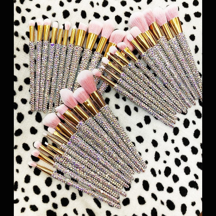 12 Piece Bling Rhinestone Makeup Brushes, Pink