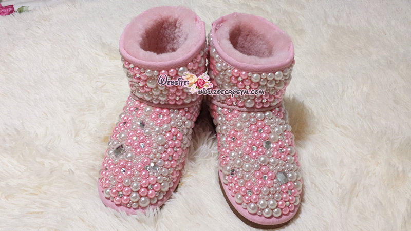 PROMOTION WINTER Bling and Sparkly Pink Pearl Short SheepSkin Wool BOOTS w shinning Czech or Swarovski crystals