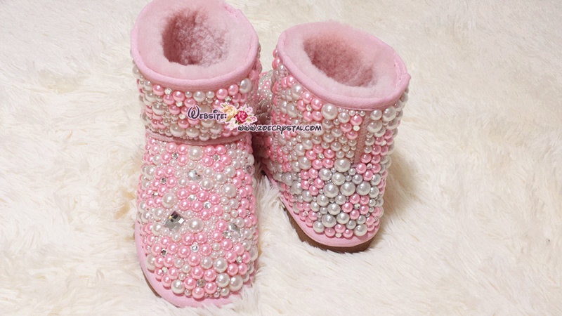 PROMOTION WINTER Bling and Sparkly Pink Pearl Short SheepSkin Wool BOOTS w shinning Czech or Swarovski crystals