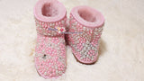 PROMOTION WINTER Bling and Sparkly Pink Pearl Short SheepSkin Wool BOOTS w shinning Czech or Swarovski crystals