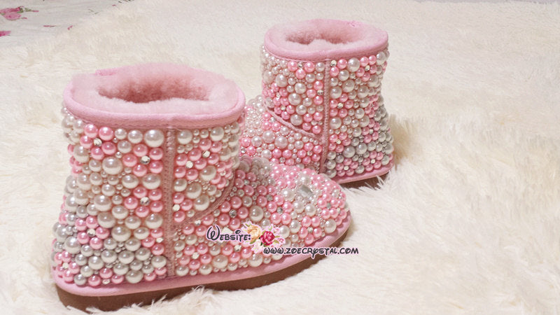PROMOTION WINTER Bling and Sparkly Pink Pearl Short SheepSkin Wool BOOTS w shinning Czech or Swarovski crystals