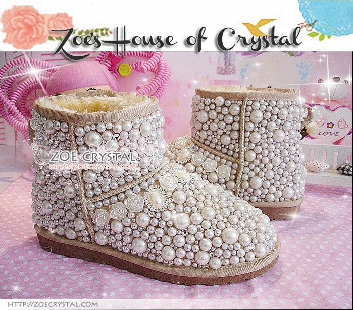 Winter Promotion Bling and Sparkly Elegant White SheepSkin Wool Boots w Pearls and Crystals