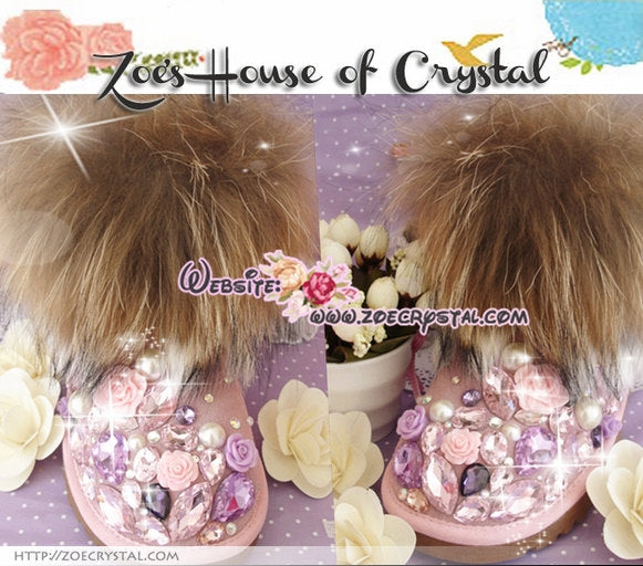 PROMOTION WINTER Pink Sheepskin Fleech/Wool Boots with shinning and stylish Rhinestones / Big Stones