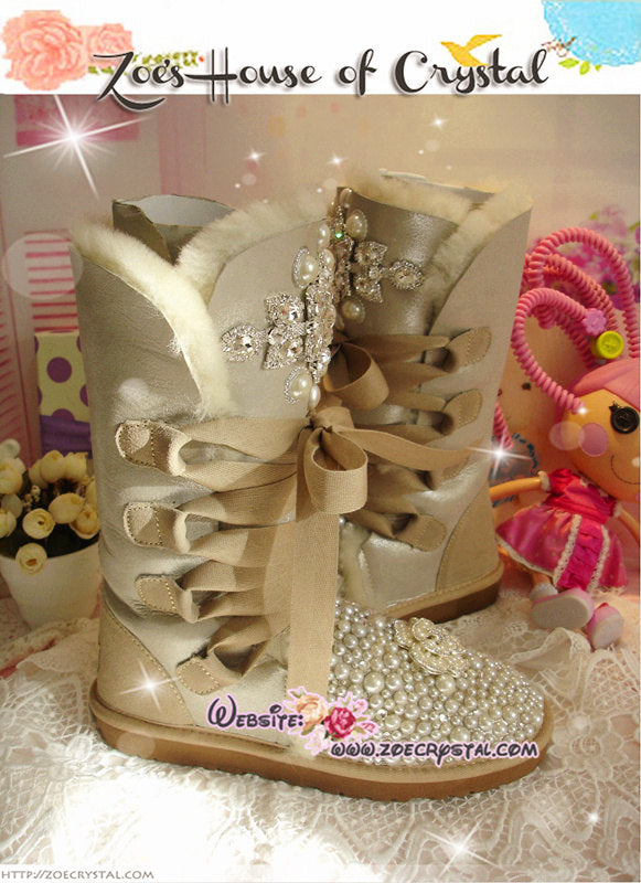 Winter Sales-  Bling and Sparkly Bailey SheepSkin Wool BOOTS with Creamy white in Elegant Style-