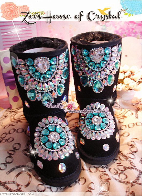 PROMOTION WINTER Black Sheepskin Fleech/Wool Boots with shinning and stylish CRYSTALS - New Flower Style
