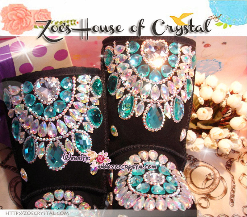 PROMOTION WINTER Black Sheepskin Fleech/Wool Boots with shinning and stylish CRYSTALS - New Flower Style