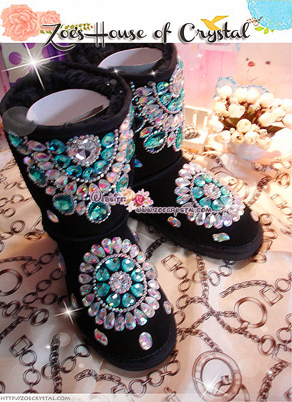 PROMOTION WINTER Black Sheepskin Fleech/Wool Boots with shinning and stylish CRYSTALS - New Flower Style