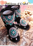 PROMOTION WINTER Black Sheepskin Fleech/Wool Boots with shinning and stylish CRYSTALS - New Flower Style