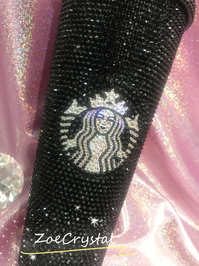 JET BLACK Bling STARBUCKS Coffee Cold Cup Tumbler Bedazzled Shinny Sparkly Glittery Swarovski Crystal Rhinestone Shane Dawson Trisha Paytas