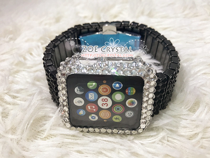 Apple Watch Bling BEDAZZLED Clear white Swarovski Crystal Case Protector Cover Luxury with a Black Rhinestone iWatch Band Strap