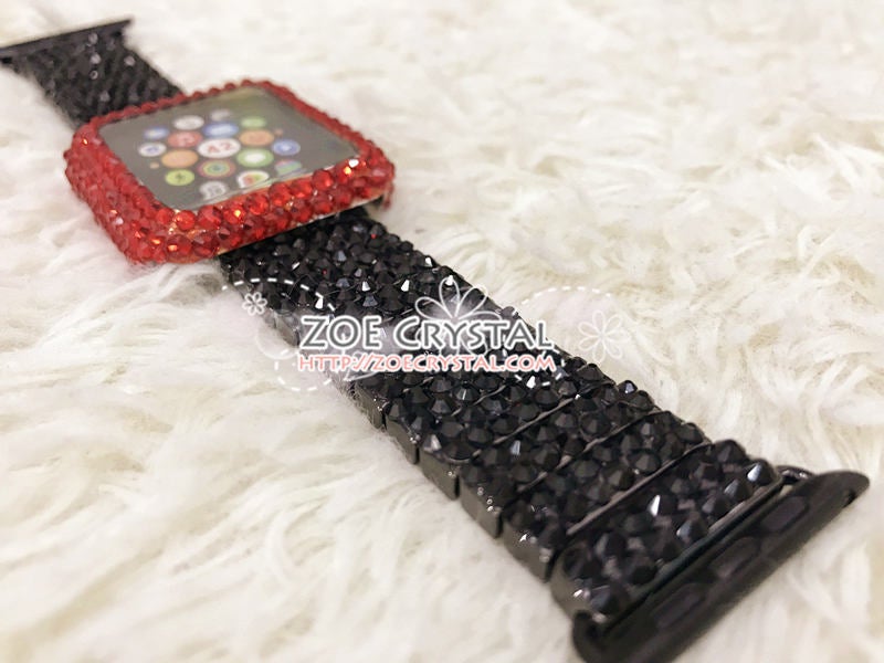 Apple Watch Bling Red Swarovski Crystal Case / Protector / Cover with a Black Rhinestone iWatch Band / Strap