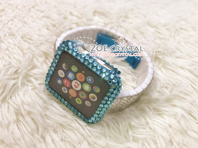 Bling Apple Watch Lake Blue Crystal Case / Protector / Cover with a Silver Swarovski Rhinestone iWatch Band / Strap