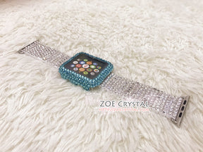 Apple Watch Lake Blue Bling Crystal Case / Protector / Cover with a Silver Swarovski Rhinestone iWatch Band / Strap