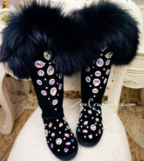 New** WINTER Queen Style Knee High Bling and Sparkly Black Fur SheepSkin Wool BOOTS