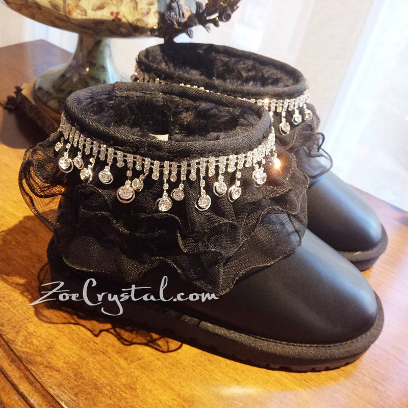 Princess Style and Sparkly Bling Lace lace Short SheepSkin Wool BOOTS w shinning Czech crystals