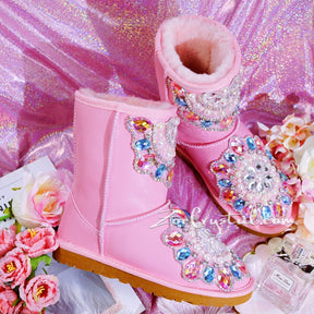 New**Pink Sheepskin Fleech/Wool Boots with shinning and stylish CRYSTALS - New Flower Style