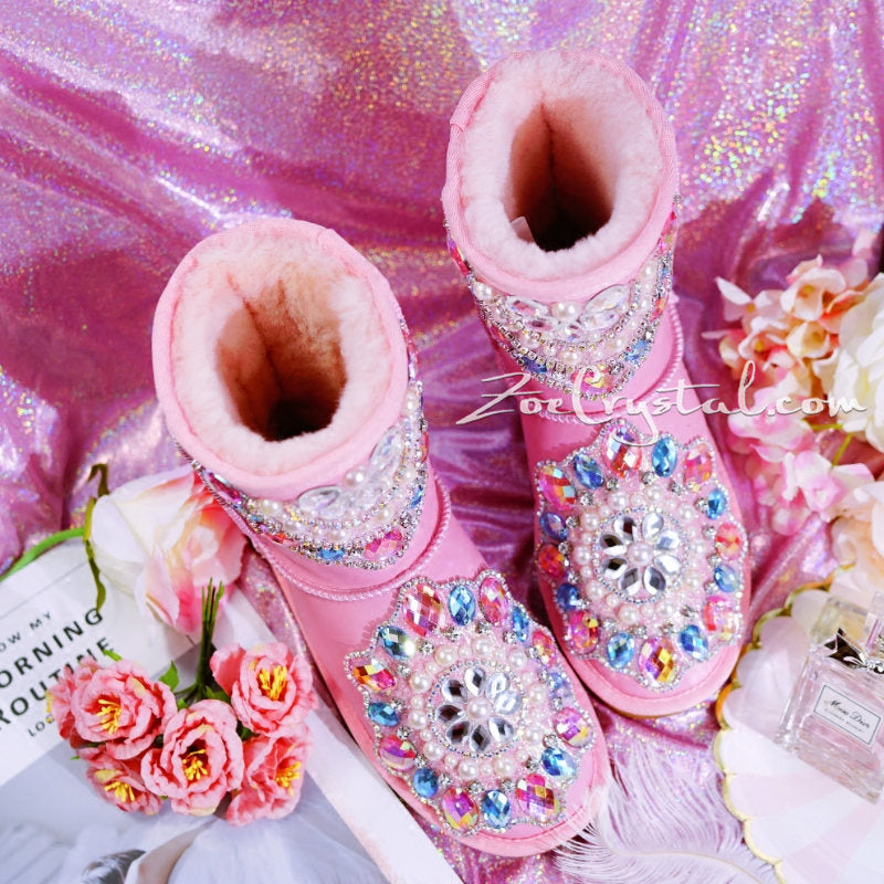 Pink Sheepskin Fleech/Wool Boots with shinning and stylish CRYSTALS - New Flower Style