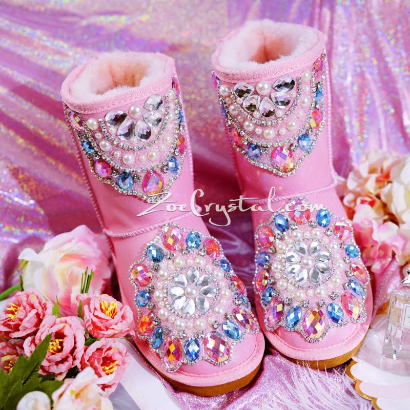 New**Pink Sheepskin Fleech/Wool Boots with shinning and stylish CRYSTALS - New Flower Style