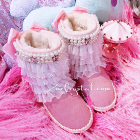 Pink Lace lace Sheepskin Fleech/Wool Boots with shinning and Cute Pearls - Princess Style