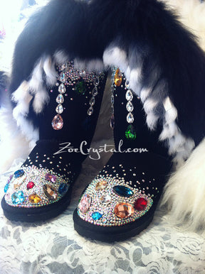WINTER Black Fur Bling and Sparkly SheepSkin Wool BOOTS w shinning Czech or Swarovski crystal in LOLITA Style