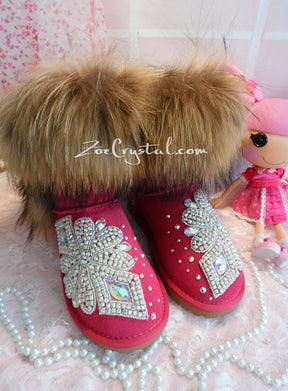 PROMOTION WINTER Bling and Sparkly Real Fur SheepSkin Wool BOOTS w shinning Czech or Swarovski Crystals