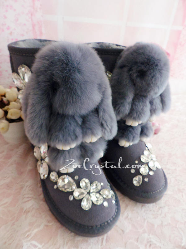 PROMOTION WINTER Bling and Sparkly Rabbit Fur SheepSkin Wool BOOTS w shinning Czech or Swarovski Crystals