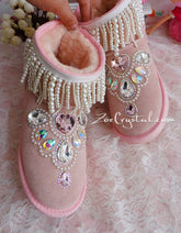 New **PROMOTION WINTER Pink Sheepskin Fleech/Wool Boots with shinning and Princess CRYSTALS Pearls