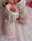 New **PROMOTION WINTER Pink Sheepskin Fleech/Wool Boots with shinning and Princess CRYSTALS Pearls