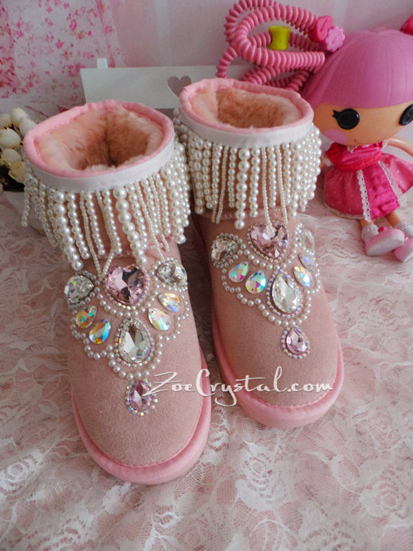New **PROMOTION WINTER Pink Sheepskin Fleech/Wool Boots with shinning and Princess CRYSTALS Pearls