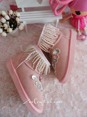 PROMOTION WINTER Pink Sheepskin Fleech/Wool Boots with shinning and Princess CRYSTALS Pearls