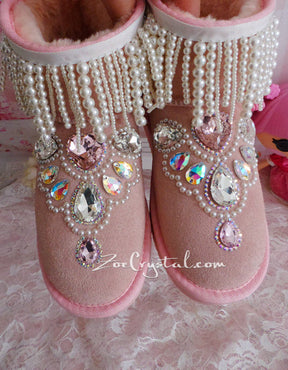 PROMOTION WINTER Pink Sheepskin Fleech/Wool Boots with shinning and Princess CRYSTALS Pearls