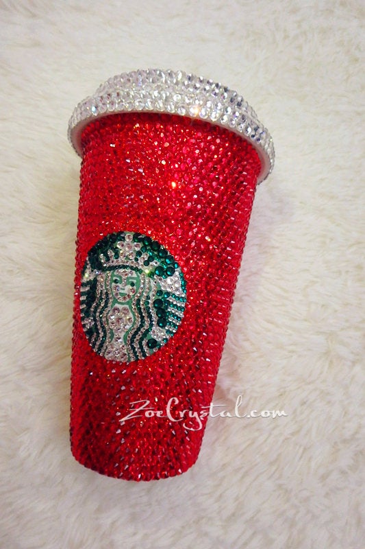 Bedazzled BLING STARBUCKS Coffee Cup Mug Tumbler Glitter Sparky Shinny w Swarovski Crystal Rhinestone Ruby - Red horizontal bejeweled Zoe