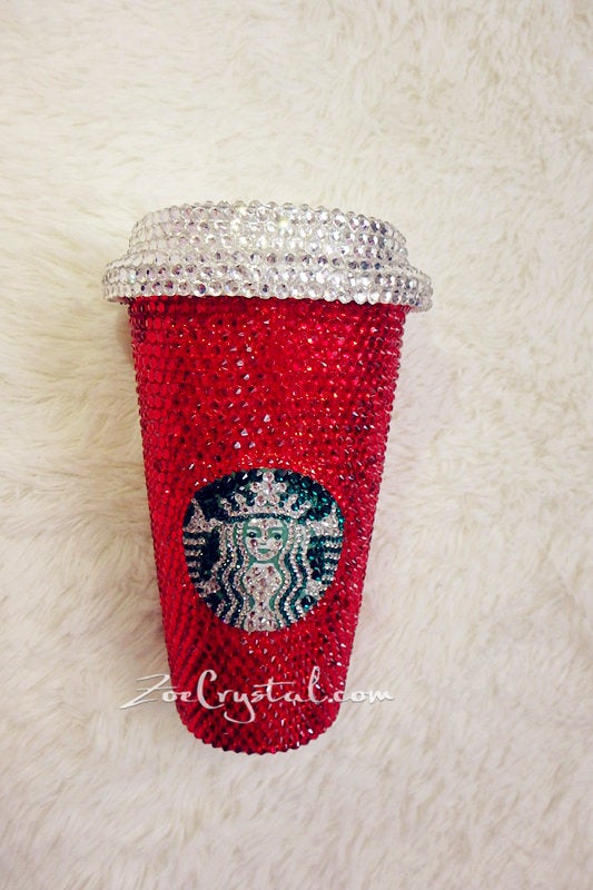 Bedazzled BLING STARBUCKS Coffee Cup Mug Tumbler Glitter Sparky Shinny w Swarovski Crystal Rhinestone Ruby - Red horizontal bejeweled Zoe