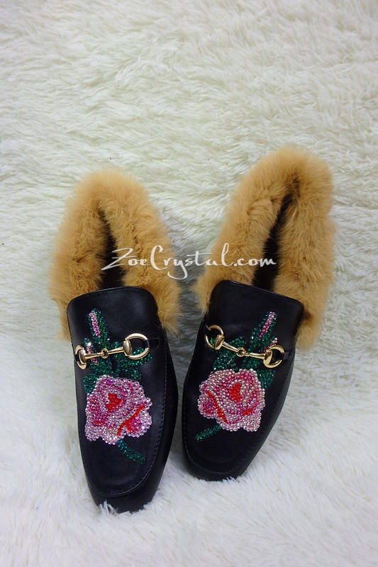 New**Bling and Sparkly Rose Print Leather with Fur Slipper made of Czech / Swarovski crystals
