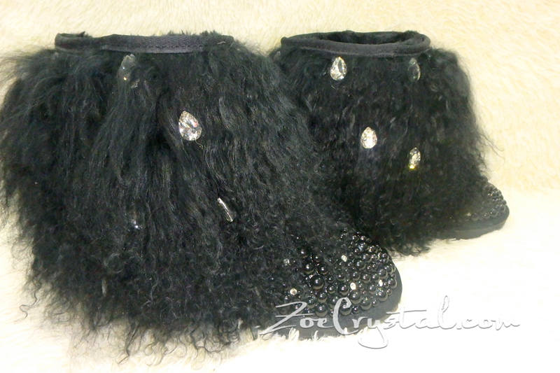 PROMOTION: WINTER Bling and Sparkly Black Curly Fur SheepSkin Wool Boots w Pearls and Big STONES
