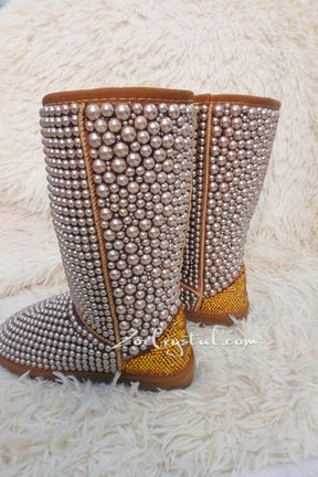 New Color**PROMOTION WINTER Bling and Sparkly Tall Brown and Gold Pearls SheepSkin Wool BOOTS w shinning Czech or Swarovski crystals