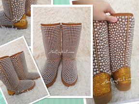 PROMOTION WINTER Bling and Sparkly Tall Brown and Gold Pearls SheepSkin Wool BOOTS w shinning Czech or Swarovski crystals