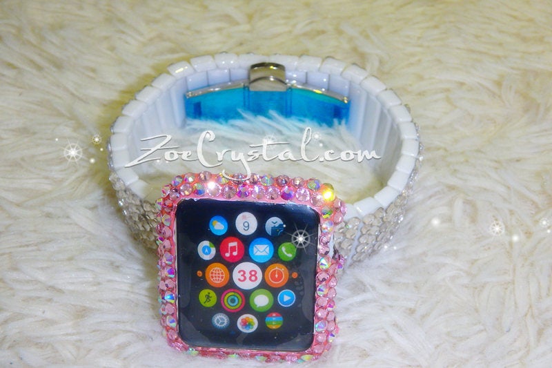 Bling Apple Watch Pink Mixed Ab Crystal Case/Protector/Cover with a Silver White Swarovski iWatch Band / Strap
