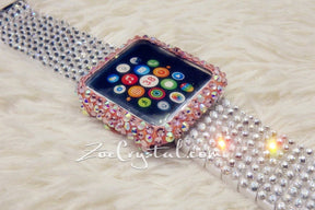 Bling Apple Watch Pink Mixed Ab Crystal Case/Protector/Cover with a Silver White Swarovski iWatch Band / Strap