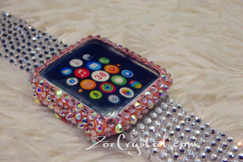 Apple Watch Bling Bedazzled Pink Mixed Ab Crystal Case Protector Cover with a Silver White Swarovski Glitter Strass Band Strap