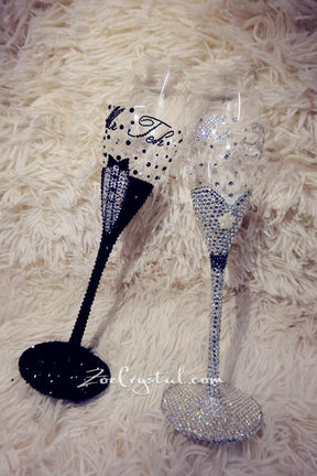 WEDDING BRIDE GROOM Champagne Toasting Flutes or Glasses with Bling & Bedazzled Crystal Rhinestones Optional to pick Swarovski
