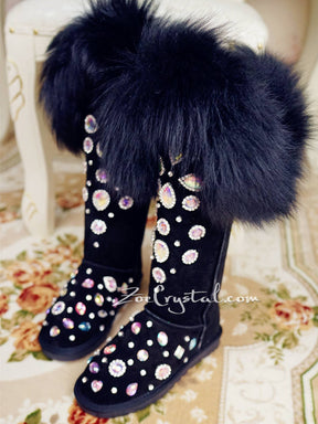 New** WINTER Queen Style Knee High Bling and Sparkly Black Fur SheepSkin Wool BOOTS