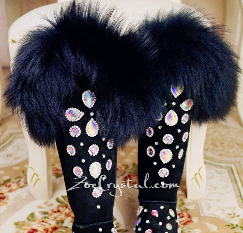 New** WINTER Queen Style Knee High Bling and Sparkly Black Fur SheepSkin Wool BOOTS