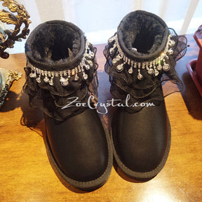 Princess Style and Sparkly Bling Lace lace Short SheepSkin Wool BOOTS w shinning Czech crystals